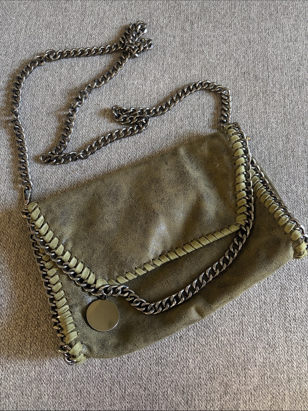 Olive Green Suede Chain-Trim Shoulder Bag